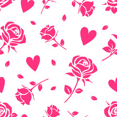 Valentines Day seamless pattern with pink rose and heart silhouette on white background. Love wallpaper. Vector illustration