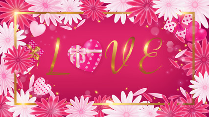 Valentine red magenta banner contains LOVE text ,border ,floral and gifts as sweet color with golden glitter,art work decorate in top view point