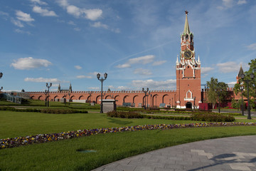 Clock tower in Kremlin in spring, grass and blooming flowers