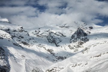 Monte Rosa glacier from Gressoney, Italy. Winter mountain landscape.