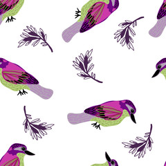 Seamless pattern with colorful birds and leaves.