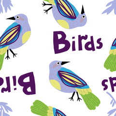 Seamless pattern with colorful birds and leaves.