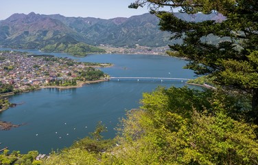 Fototapeta na wymiar Aerial view of Kawaguchiko lake and town in spring season, Japan. 
