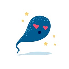 Design illustration with cute blue ghost with heart eyes. Poster  for invitation, postcard and print on t-shirt. Doodle character for happy valentine's day. Vector