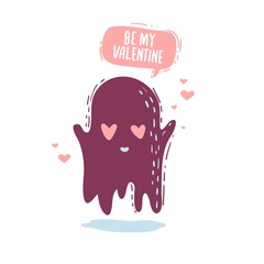 Design illustration with cute pink ghost. Poster Be my valentine for invitation, postcard and print on t-shirt. Doodle character for happy valentine's day. Vector