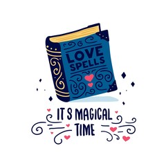 Template design banner with doodle book. It's magical time poster with cute book love spells.  Illustration for love invitstion for happy valentine day. Vector