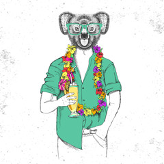 Retro Hipster animal koala with tropic cocktail © annbozhko