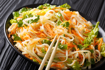 Asian salad with rice noodles, chicken breast, carrot and greens close-up. horizontal