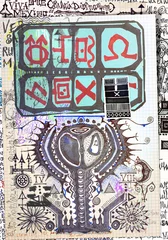 Schilderijen op glas Verbeelding Mysterieuze collages met schetsen, manuscripten, tekeningen, esoterische, astrologische en alchemistische symbolen  © Rosario Rizzo