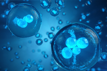 Human or animal cells on blue background. Concept Early stage embryo Medicine scientific concept, Stem cell research and treatment. 3D illustration.