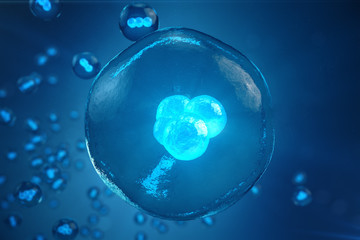 Human or animal cells on blue background. Concept Early stage embryo Medicine scientific concept, Stem cell research and treatment. 3D illustration.