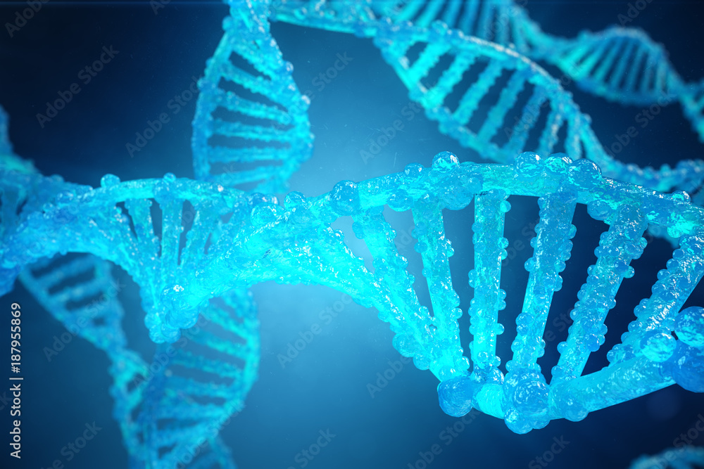 Poster 3d illustration helix dna molecule with modified genes. correcting mutation by genetic engineering. 