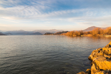 Lake Maggiore, Bozza di Bogno, Italy. Landscape at sunset. In the background the Alps and on the left, the area from Baveno to Pallanza - Intra; on the right the area of Sasso Moro and Cantone