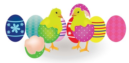 Two chickens coming from Easter eggs, vector