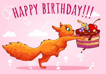 Redhead funny squirrel with chocolate cake on pink background. Cartoon characters. Vector illustration. Can be used for fashion print design, kids wear, baby shower, celebration greeting and postcard.