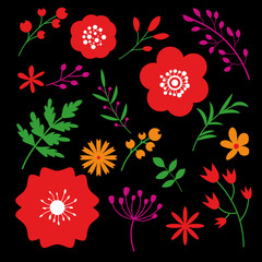 Floral art design on black background. Beautiful flowers decorative template