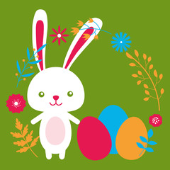 Happy easter rabbit, easter funny bunny, flowers and eggs