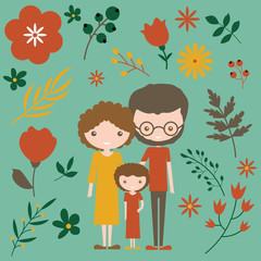 Colorful design of happy young couple modern family with little daughter. Mom in dress bearded dad in glasses and smiling daughter together. 