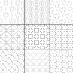 Light gray geometric ornaments. Collection of seamless patterns