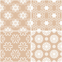 Floral patterns. Set of beige and white seamless backgrounds
