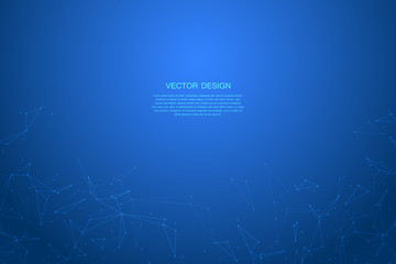 Abstract futuristic background with dots and lines, molecular particles and atoms, polygonal linear digital texture, technological and scientific concept, vector illustration