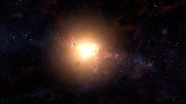 Flight Through Asteroid Belt in Open Space. Cosmic Art and Science Fiction Concept