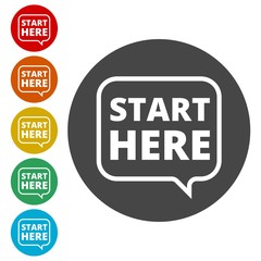 Start here sign, Start here icon, Start here button 