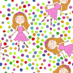  Vector seamless pattern with cute ballet girl on polka dot background.
