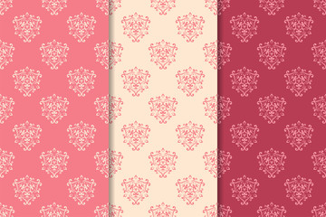 Set of floral ornaments. Cherry pink vertical seamless patterns