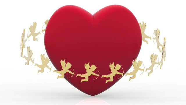 Animazione illustrazione 3D. . Piccoli cupido dorati ruotano attorno ad un rosso cuore. Simbolo di amore e di San Valentino..