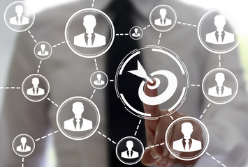 Goal Success Business Social Network Web concept. Young businesswoman using virtual touchscreen...