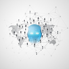 Modern Style Artificial Intelligence Assisted Business Networks Concept Design With Global Digital Network Connections and Robot Head 