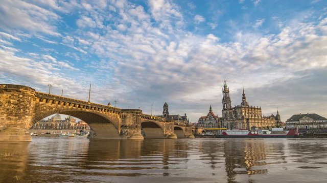 Dresden city skyline timelapse at Elbe River with Dresden Cathedral and Augustus Bridge, Dresden, Germany 4K Time lapse