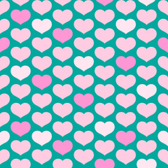 Fototapeta premium Seamless pattern from pink hearts on a turquoise background Decorative ornament of hearts for design of templates greeting cards banners posters for Valentine's Day Romantic pattern wallpaper Vector