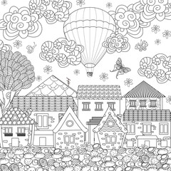 cozy town with hot air balloon in the sky for your coloring book