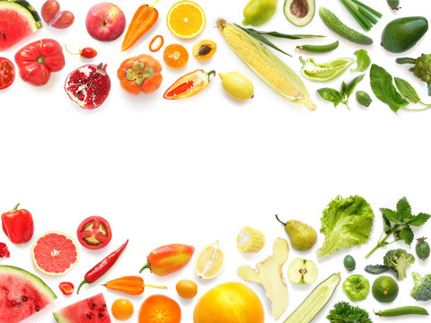 Frame pattern of various fresh vegetables and fruits isolated on white background, top view, flat lay. Composition of food with copy space.