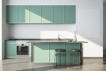 White kitchen, green countertops, poster