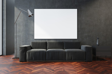 Gray living room, gray sofa and poster