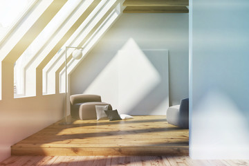 Attic living room, gray armchair, poster toned