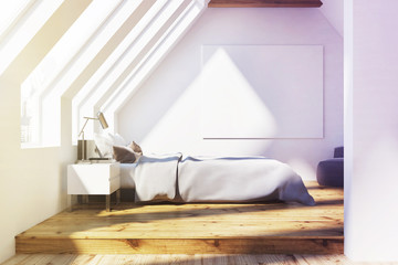 White attic bedroom, wooden ceiling, poster