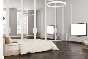 Gray bedroom corner, a TV set