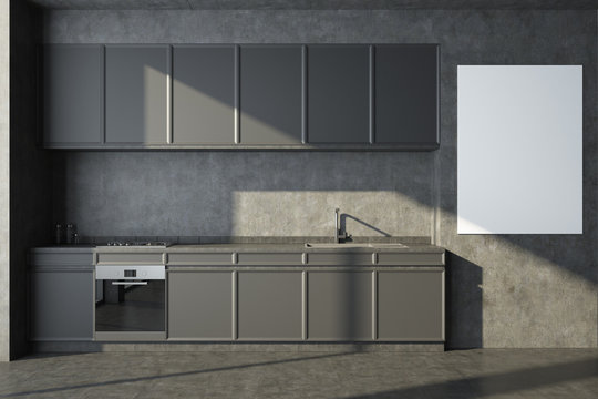 Gray kitchen with countertops and poster