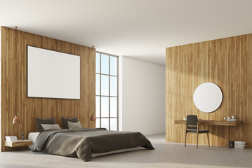 Wooden bedroom corner, gray bed