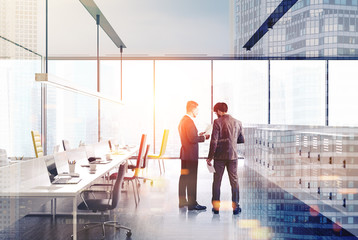 Panoramic open space office interior toned people