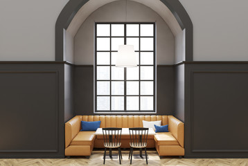 White and gray cafe interior, yellow sofa