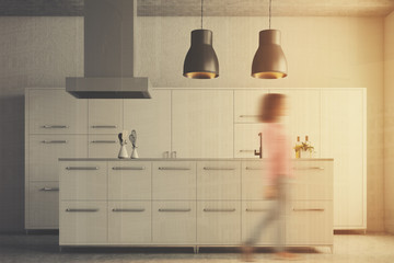 Modern white kitchen interior girl