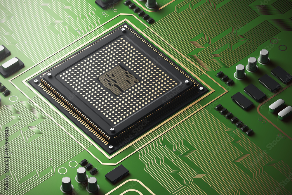 Poster green circuit board with a processor