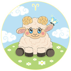 Aries. Baby sign of the zodiac. Cute lamb sitting on the field.