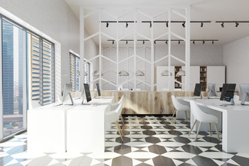 Checkered floor office with a pattern wall