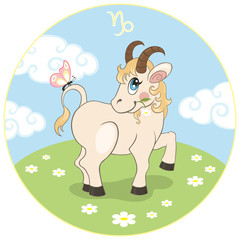 Capricorn. Baby sign of the zodiac. Cute little goat in the meadow.